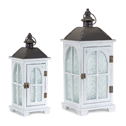 Set of Two White And Black Distressed Ornate Glass Wood And Metal Floor Lantern Candle Holders - Image 5