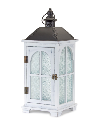 Set of Two White And Black Distressed Ornate Glass Wood And Metal Floor Lantern Candle Holders - Image 3
