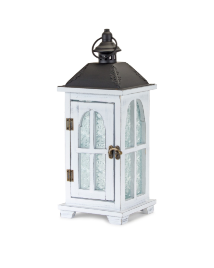 Set of Two White And Black Distressed Ornate Glass Wood And Metal Floor Lantern Candle Holders - Image 4