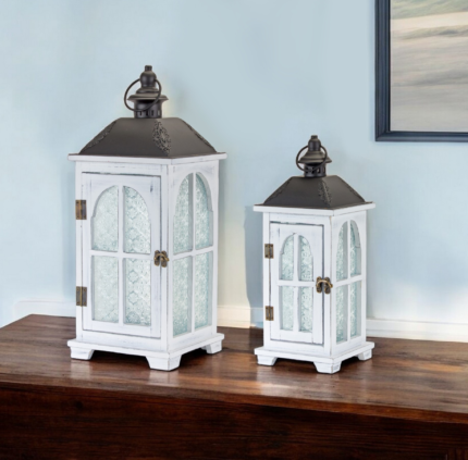 Set of Two White And Black Distressed Ornate Glass Wood And Metal Floor Lantern Candle Holders - Image 1