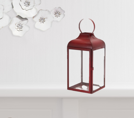 Set of Two Red Distressed Iron Floor Lantern Candle Holders - Image 1