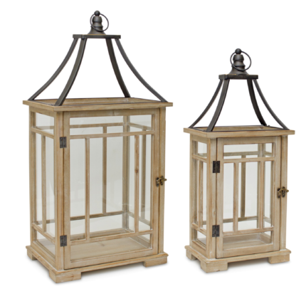 Set of Two Brown And Black Distressed Geometric Wood And Metal Tabletop Lantern Candle Holders - Image 2