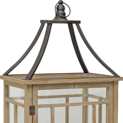 Set of Two Brown And Black Distressed Geometric Wood And Metal Tabletop Lantern Candle Holders - Image 3