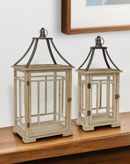 Set of Two Brown And Black Distressed Geometric Wood And Metal Tabletop Lantern Candle Holders - Image 1