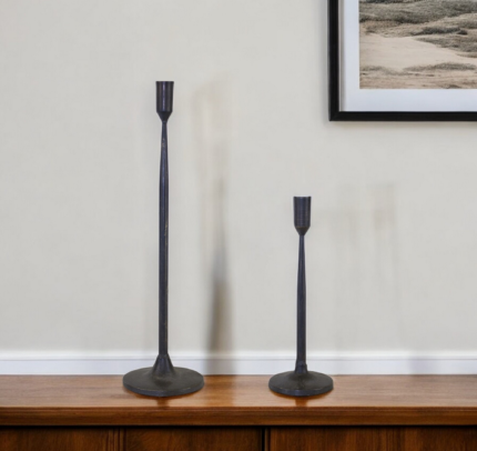 Set of Two Black Distressed Metal Tabletop Taper Candle Holders - Image 1