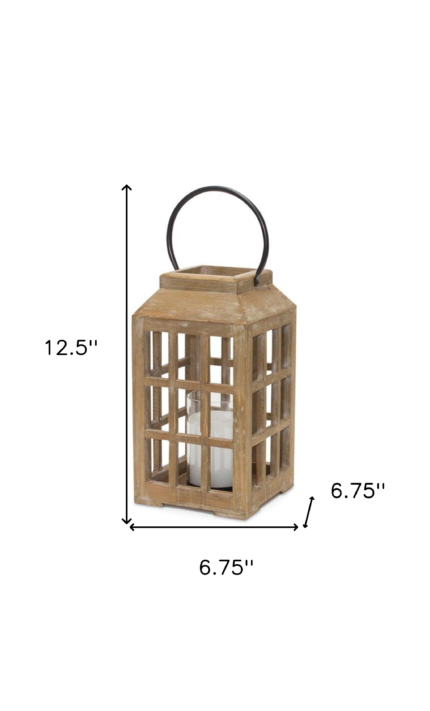 13" Natural Distressed Wood And Glass Centerpiece Lantern Candle Holder - Image 4