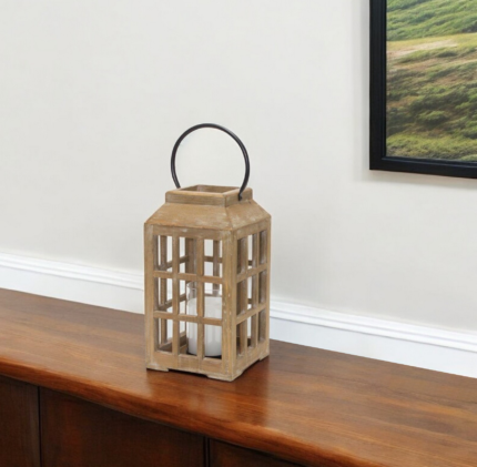 13" Natural Distressed Wood And Glass Centerpiece Lantern Candle Holder - Image 1
