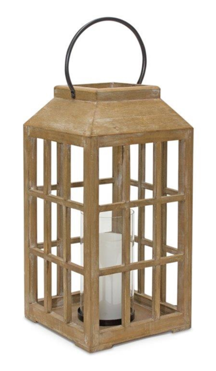 18" Natural Distressed Geometric Wood And Glass Centerpiece Lantern Candle Holder - Image 1