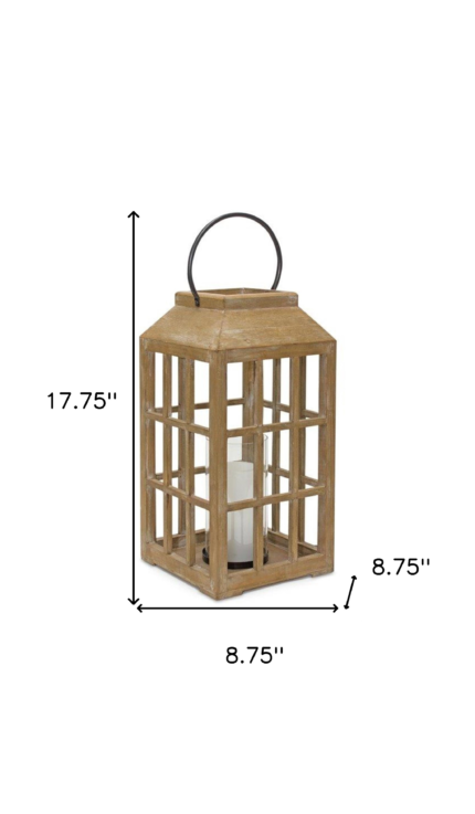 18" Natural Distressed Geometric Wood And Glass Centerpiece Lantern Candle Holder - Image 5