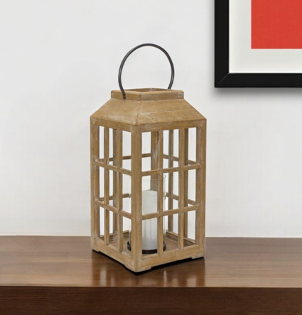 18" Natural Distressed Geometric Wood And Glass Centerpiece Lantern Candle Holder - Image 2