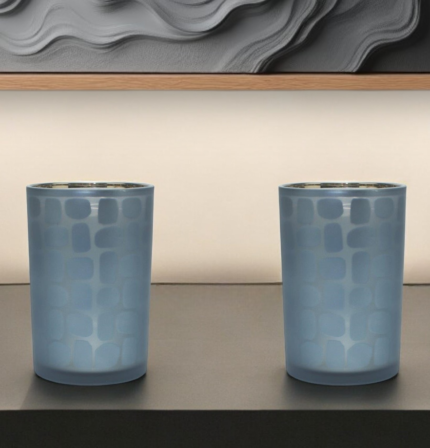 Set of Two Navy Blue Abstract Glass Tabletop Tealight Candle Holders - Image 1
