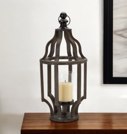 23" Black Geometric Wood And Glass Tabletop Lantern Candle Holder - Image 1
