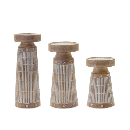Set of Three Natural And White Distressed Geometric Polyresin Tabletop Pillar Candle Holders - Image 2