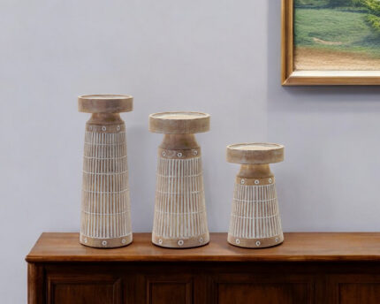 Set of Three Natural And White Distressed Geometric Polyresin Tabletop Pillar Candle Holders - Image 1