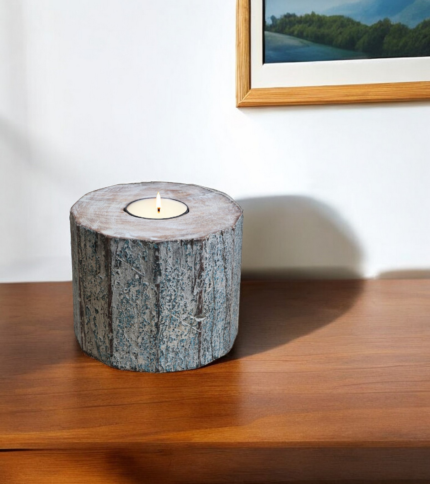 5" Brown And White Solid Wood Tabletop Tealight Candle Holder - Image 1