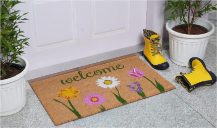 17" X 29" Natural Pink and Green Coir Floral Welcome Outdoor Door Mat - Image 6