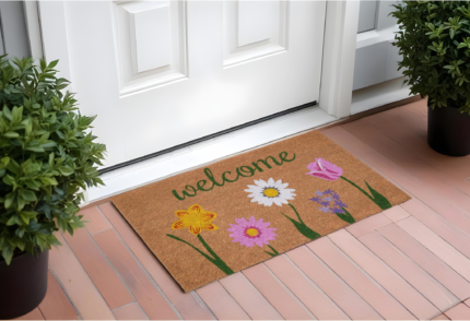 17" X 29" Natural Pink and Green Coir Floral Welcome Outdoor Door Mat - Image 1