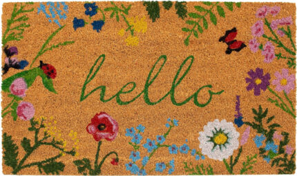 24" X 36" Natural and Green Coir Floral Hello Outdoor Door Mat - Image 2
