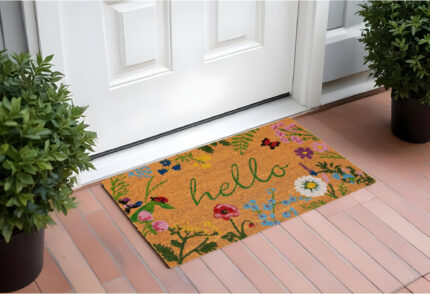 24" X 36" Natural and Green Coir Floral Hello Outdoor Door Mat - Image 1