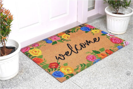 24" X 36" Natural and Black Coir Floral Welcome Outdoor Door Mat - Image 6
