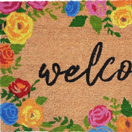 24" X 36" Natural and Black Coir Floral Welcome Outdoor Door Mat - Image 5
