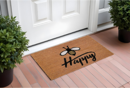 24" X 36" Natural and Black Coir Bumblee Bee Happy Outdoor Door Mat - Image 1