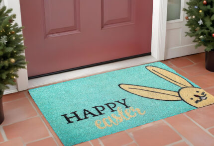 17" X 29" Aqua and Natural Coir Happy Easter Outdoor Easter Door Mat - Image 1