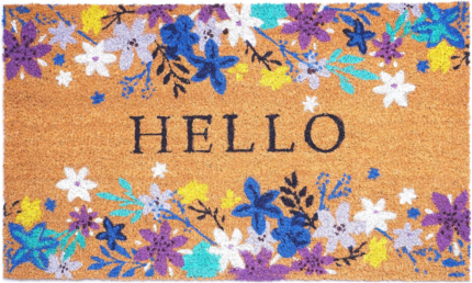 24" X 36" Natural Blue and Purple Coir Floral Hello Outdoor Door Mat - Image 2
