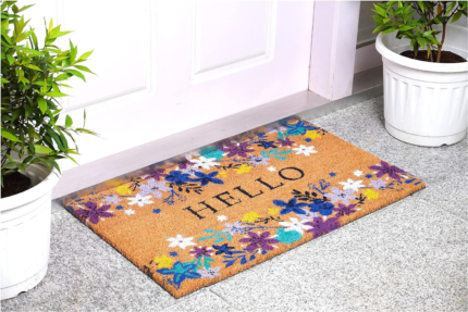 24" X 36" Natural Blue and Purple Coir Floral Hello Outdoor Door Mat - Image 6