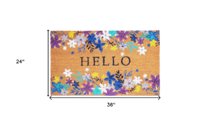 24" X 36" Natural Blue and Purple Coir Floral Hello Outdoor Door Mat - Image 3