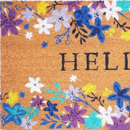 24" X 36" Natural Blue and Purple Coir Floral Hello Outdoor Door Mat - Image 4