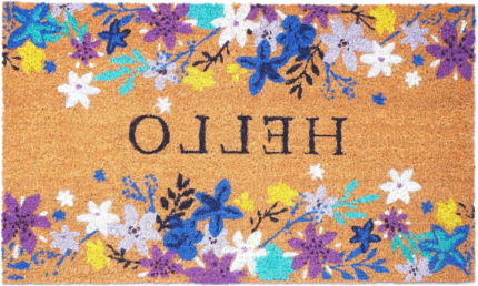 24" X 36" Natural Blue and Purple Coir Floral Hello Outdoor Door Mat - Image 5