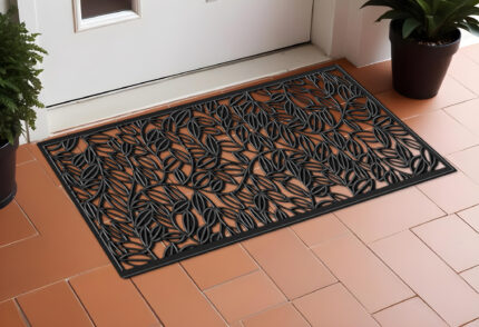 22" X 48" Black Rubber Botanical Leaves Outdoor Door Mat - Image 1