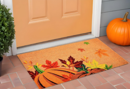 17" X 29" Natural Orange and Green Coir Pumpkins and Leaves Outdoor Fall Door Mat - Image 1
