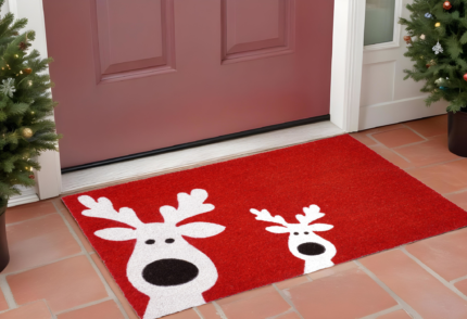 17" X 29" Red and White Coir Reindeer Outdoor Christmas Door Mat - Image 1