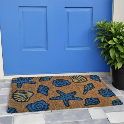18" X 30" Blue and Brown Coir Seashells Outdoor Door Mat - Image 1