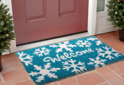 18" X 30" Aqua Blue and White Coir Snowflake Welcome Outdoor Winter Door Mat - Image 1