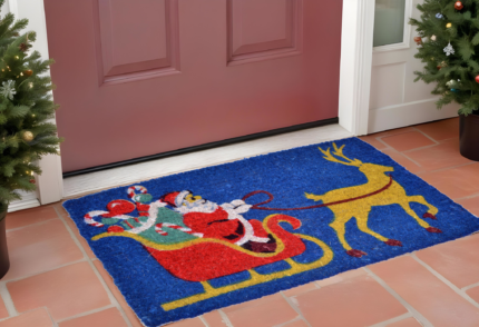 18" X 30" Blue and Yellow Coir Santa Claus Outdoor Holiday Door Mat - Image 1