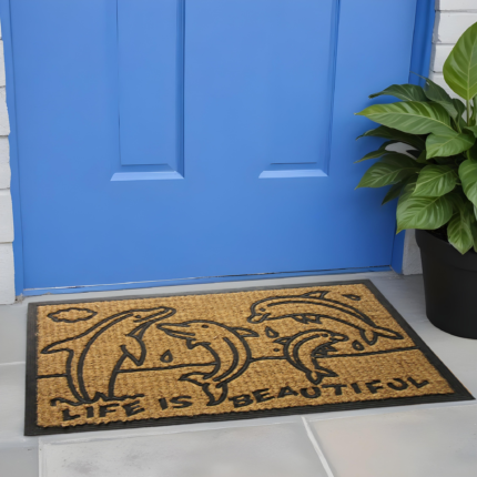 18" X 30" Brown and Black Rubber And Coir Dolphin Life is Beautiful Outdoor Door Mat - Image 1