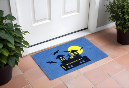 18" X 30" Blue and Black Coir Spooky House Outdoor Halloween Door Mat - Image 1