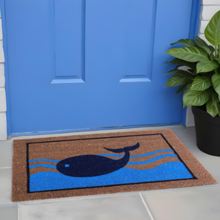 18" X 30" Brown Blue And Red Coir Whale Outdoor Door Mat - Image 1