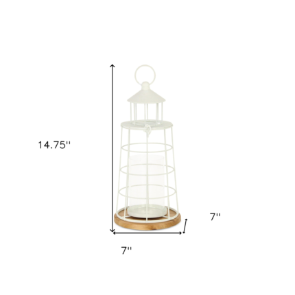 15" White And Natural Metal And Wood Lighthouse Tabletop Lantern Candle Holder - Image 12