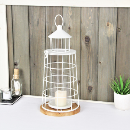 15" White And Natural Metal And Wood Lighthouse Tabletop Lantern Candle Holder - Image 10