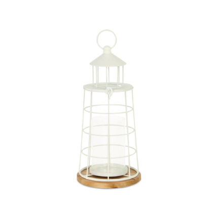 15" White And Natural Metal And Wood Lighthouse Tabletop Lantern Candle Holder - Image 2