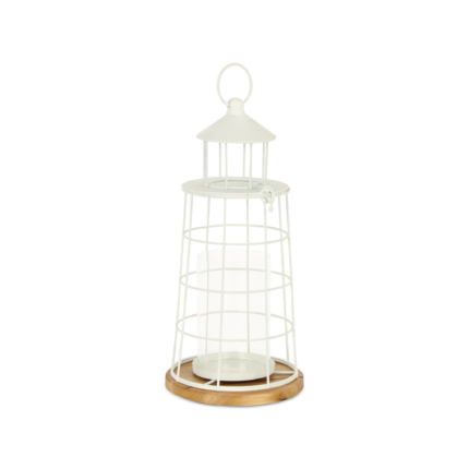 15" White And Natural Metal And Wood Lighthouse Tabletop Lantern Candle Holder - Image 3