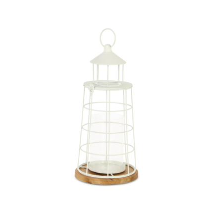 15" White And Natural Metal And Wood Lighthouse Tabletop Lantern Candle Holder - Image 4