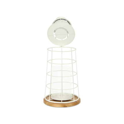 15" White And Natural Metal And Wood Lighthouse Tabletop Lantern Candle Holder - Image 6