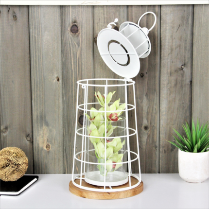15" White And Natural Metal And Wood Lighthouse Tabletop Lantern Candle Holder - Image 11