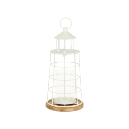 15" White And Natural Metal And Wood Lighthouse Tabletop Lantern Candle Holder - Image 8