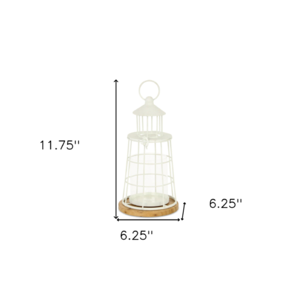 12" White And Natural Metal And Wood Lighthouse Tabletop Lantern Candle Holder - Image 11